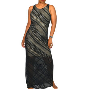 Vintage Kelly Renee Slip Dress Black Sheer Burnout Long Sleeveless Slits Small